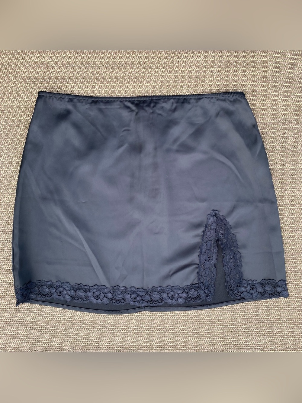 Forever 21 Black Satin Lace Trim Side Slit Mini Skirt L